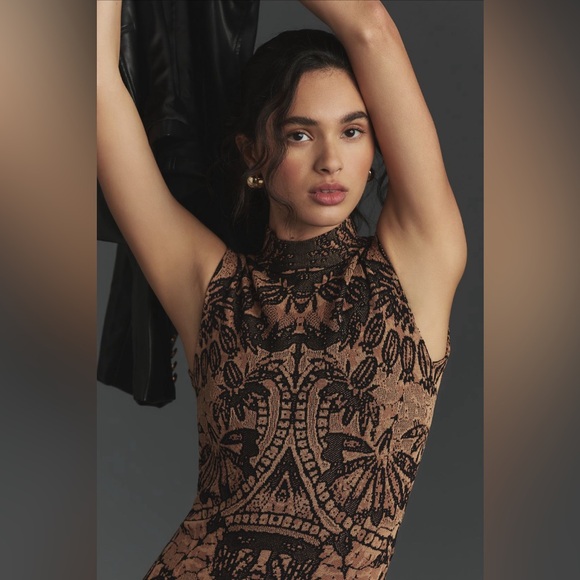 ✨ Anthropologie Mock-Neck Cap-Sleeve Slim Knit Mini Dress Sz L - Picture 4 of 6